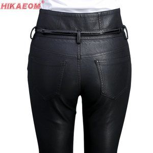 High Waist Skinny Leather Pants Women Black